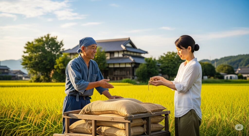 農家から直接お米を買う様子