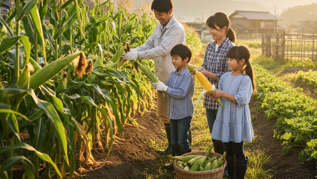 家庭菜園の畑でとうもろこしを収穫する家族