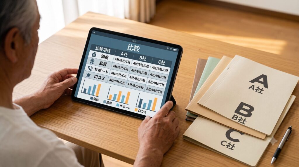 スマートフォンから「農機具一括査定サービス」を利用して、複数の買取業者の査定額を比較する日本人農家。画面には「Company A」「Company B」「Company C」のグラフィックと、価格、サービス、スピード、口コミを比較するグラフが表示され、情報収集によって適正な相場を把握し、最高値で売却しようとしている。