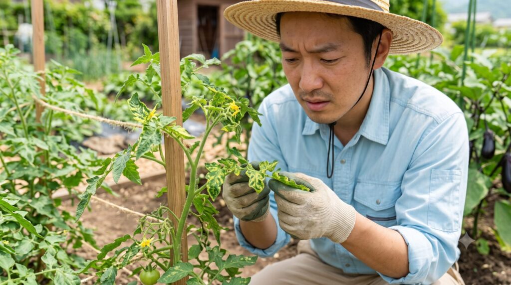 トマト黄化葉巻病（ウイルス病）に感染し、生長点が萎縮、葉が黄化（黄色い斑点）して激しく縮れた状態。あつしの困惑した表情。