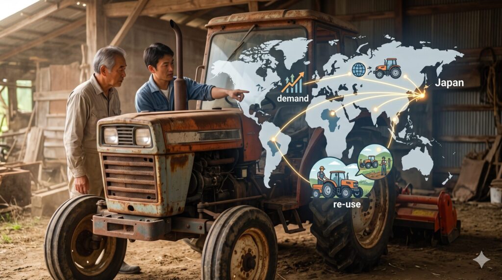古く動かなくなった日本のトラクターが、海外で高い需要を持つ理由を説明する視覚イメージ。古い納屋で、日本人農家が動かなくなったトラクターを前に、世界地図と貿易ルートを示すインフォグラフィック（「需要」「再利用」のアイコン）を見ながら、海外への輸出と部品取りとしての価値について話している。