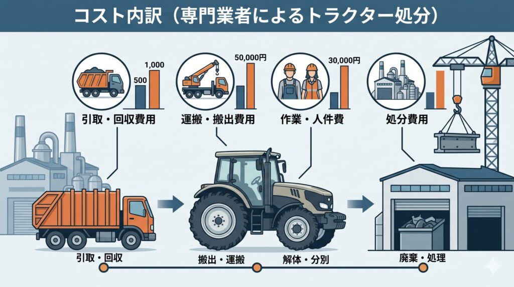 不動となった大型トラクターの処分にかかる高額な費用の内訳を視覚化したイラスト。基本料金、出張料、ユニック車（クレーン付きトラック）による運搬・牽引費、そして産業廃棄物としての解体・処分料が段階的に積み上がり、最終的に高額な総額になる様子が、金額の棒グラフや各作業のアイコンで示されている。