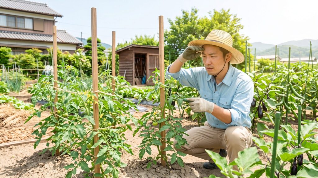 西日が当たる畑で、日本人男性のあつしが上向きに反り返って丸まったトマトの葉を観察する。熱中症対策の帽子と日差しの強さ。