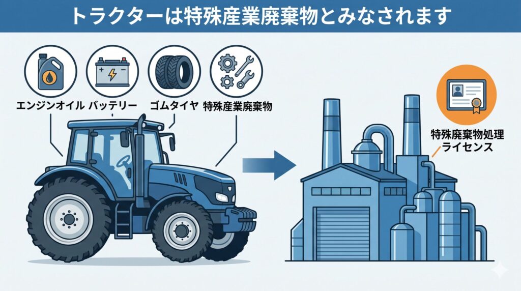 トラクターが産業廃棄物として処理される理由を説明するインフォグラフィック。左側に複雑な部品やオイルを持つトラクター、中央に処理困難であることを示すアイコン（エンジンオイル、バッテリー、特殊タイヤ、金属部品）、右側に専門の認可を受けた産業廃棄物処理業者の施設が描かれている。