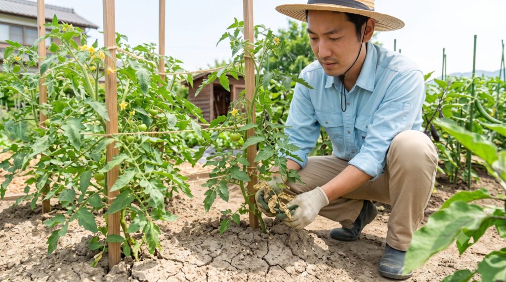 トマトの下葉が水分不足（乾燥）により内側に巻き込んでいる状態。乾燥してひび割れた畑の土と、あつしの手。