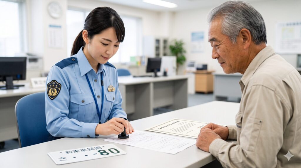 トラクターの廃車手続きを役所の窓口で行う様子。日本人農家が、取り外したトラクターのナンバープレートと「標識交付証明書」を持参し、窓口の女性職員に提出して、軽自動車税の「税止め」手続きを確実に完了させている。信頼性の高い公的な行政手続きの場面。