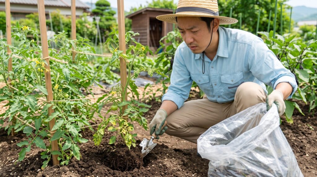 ウイルス病に感染したトマト株を抜根するあつし。根こそぎ掘り起こし、ビニール袋に密閉して処分する手順。手袋と小さなスコップ。