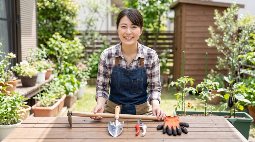 初心者におすすめの基本園芸道具セット：平鍬、目盛り付き移植ごて、赤白グリップの剪定ばさみ、機能的な手袋。