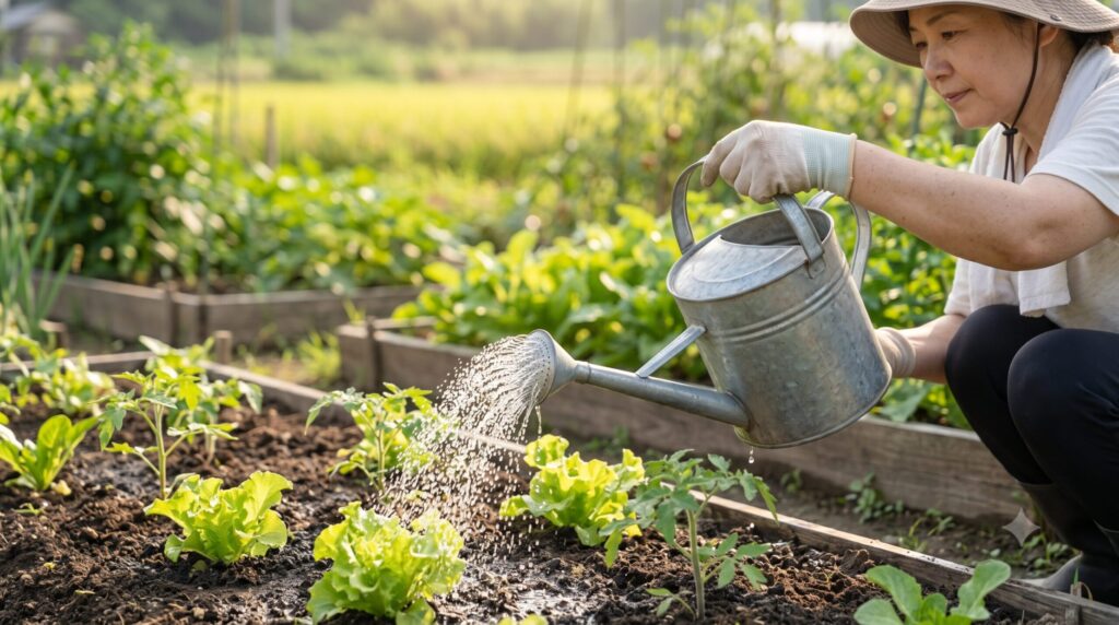 ハス口付きのジョウロで野菜の苗に優しく水やりをする女性、水の勢いを調整。