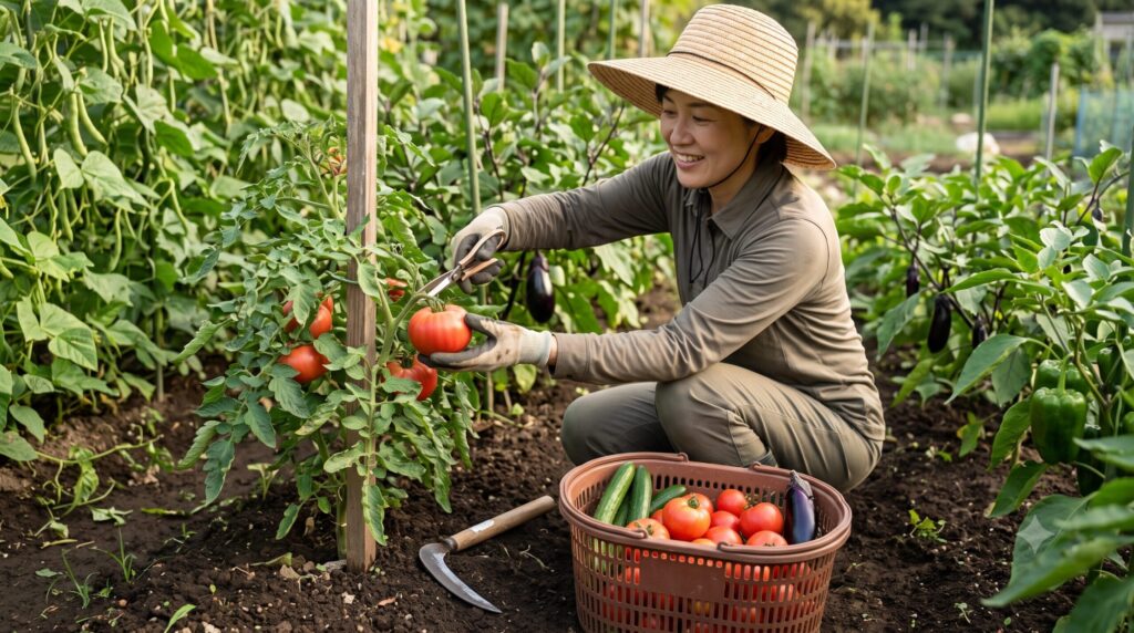 目盛り付きの移植ごてを使って苗を植え付ける女性の手元、植え付けの深さを計測。