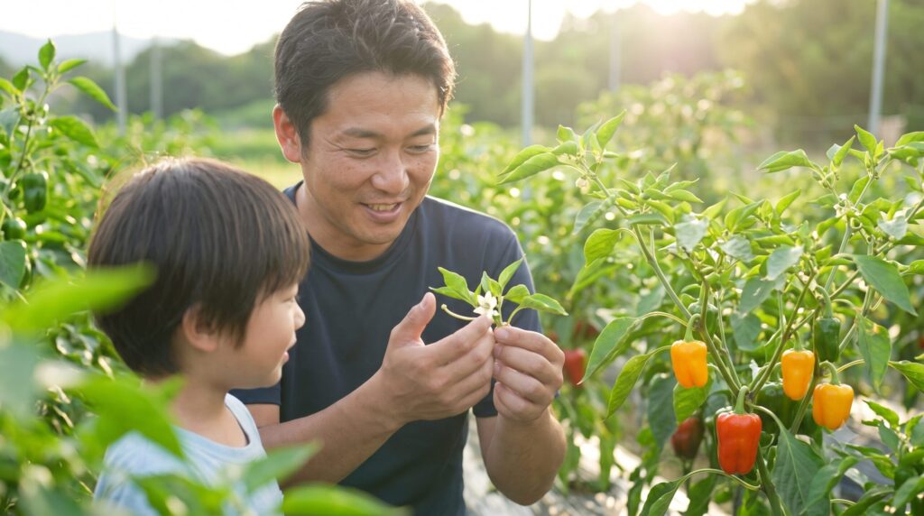 奈良の夕暮れ時の畑で、日本人農家のあつしさんが子供に、健康なピーマンの花(長い雌しべ)の観察方法を教えている様子。