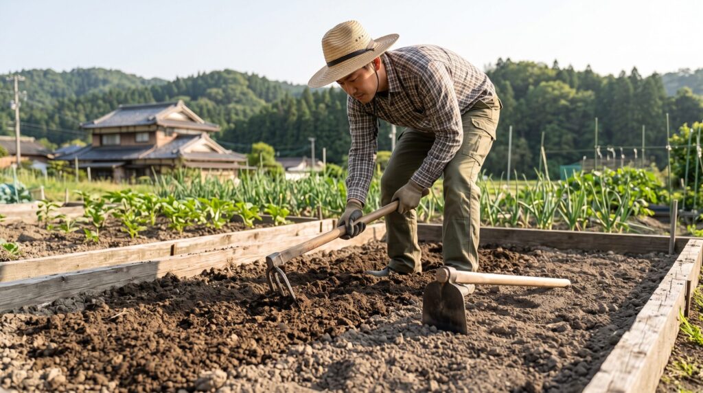 初心者向けの鍬の比較：三本鍬で固い土を掘り起こす男性と、隣に置かれた平鍬。