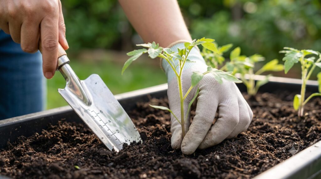 目盛り付きの移植ごてを使って苗を植え付ける女性の手元、植え付けの深さを計測。