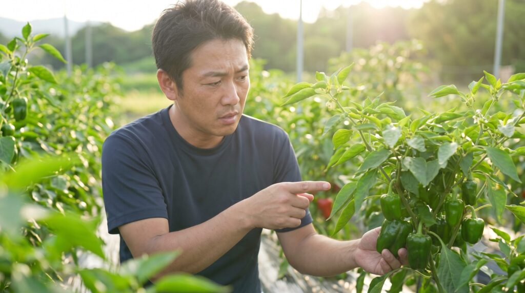 窒素過多により葉が異常に大きく濃緑色になり、花が少ないピーマンの株を、困った表情で見つめる日本人農家のあつしさん。