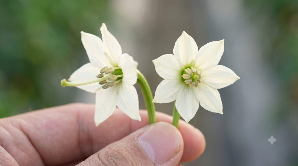 ピーマンの花の雌しべの長さを比較した接写画像。左は健康な長花柱花、右はストレス状態の短花柱花。農家の手(あつし)が添えられている。