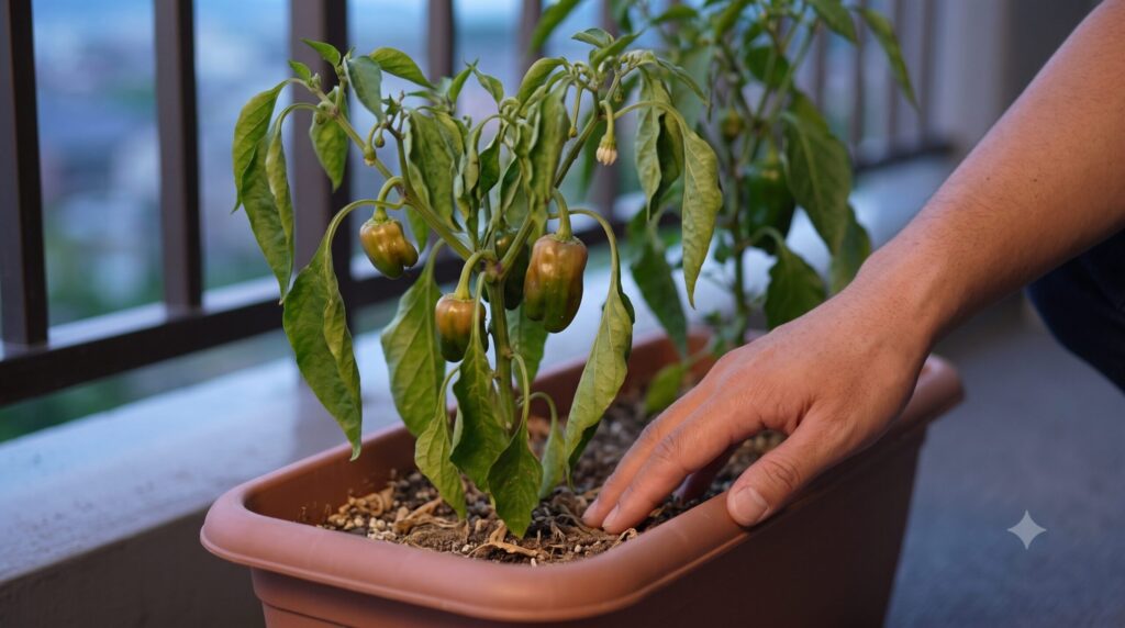 奈良のベランダで、小さなプランターに植えられたピーマンが根詰まりと水不足により葉が萎れ、実が小さいまま落ちている様子。農家の手(あつし)が乾燥した土に触れている。
