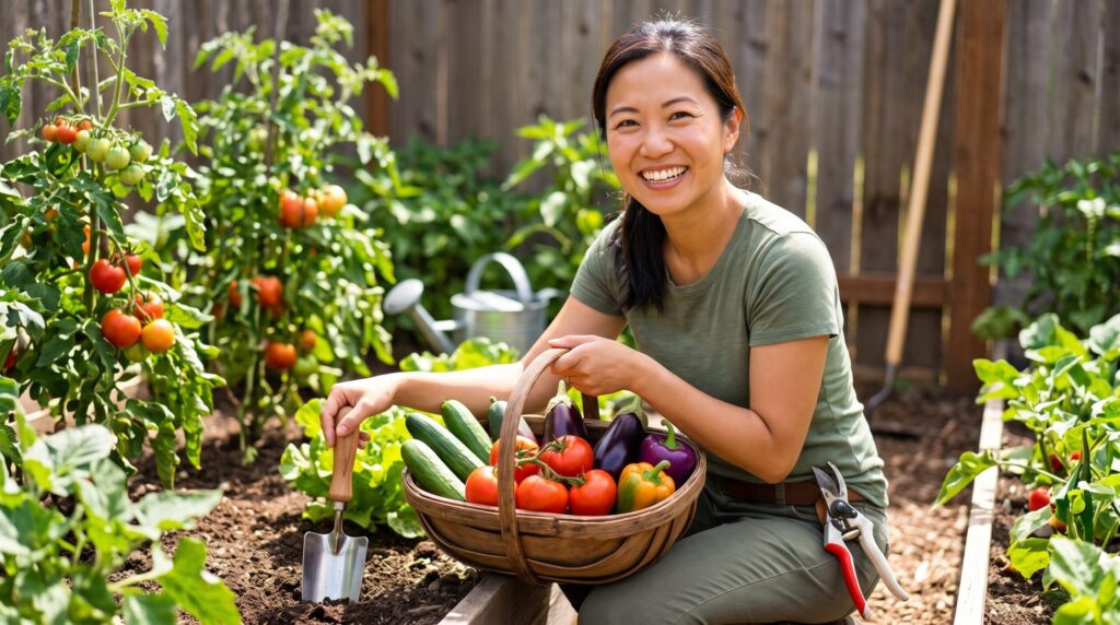 笑顔で収穫カゴを持つ女性ガーデナー。カゴには採れたての野菜がたっぷり。背景には様々な園芸道具と豊かな家庭菜園。