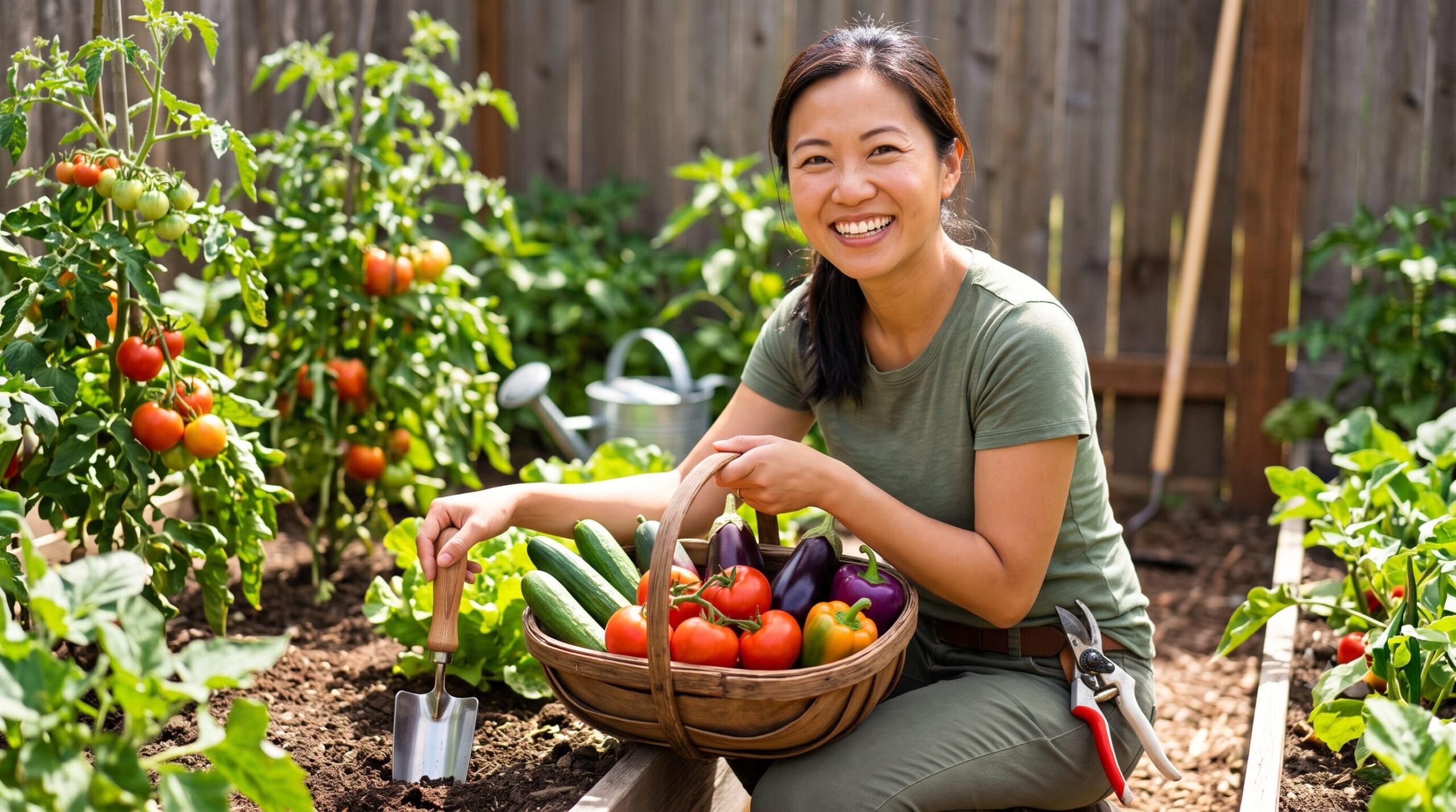 笑顔で収穫カゴを持つ女性ガーデナー。カゴには採れたての野菜がたっぷり。背景には様々な園芸道具と豊かな家庭菜園。