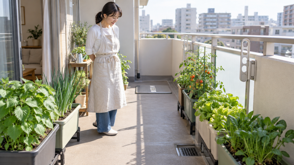 マンションのベランダで避難動線と排水口を確保して家庭菜園を楽しむ様子