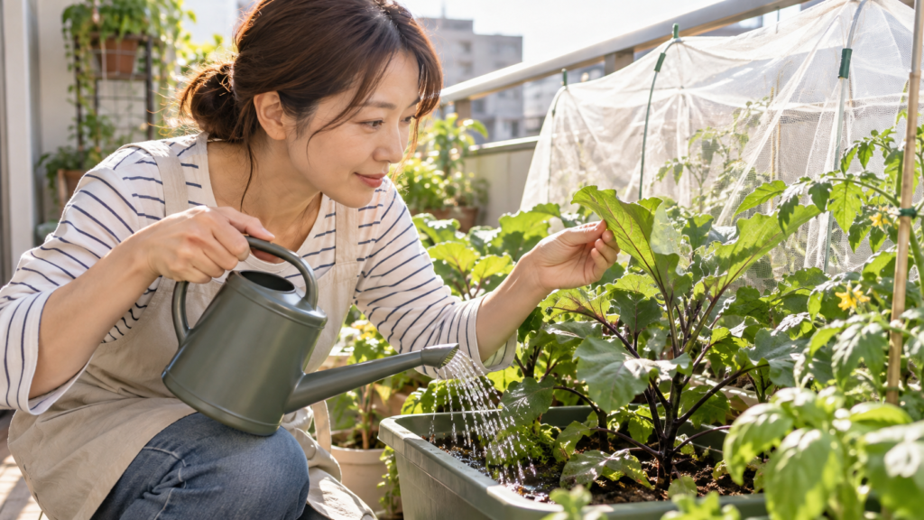 ベランダ家庭菜園で水やりをしながら葉の害虫を確認する初心者の様子