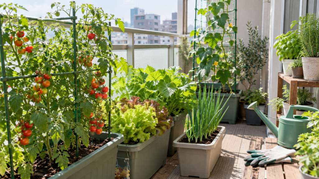 ベランダのプランターでミニトマトや葉物野菜を育てる家庭菜園