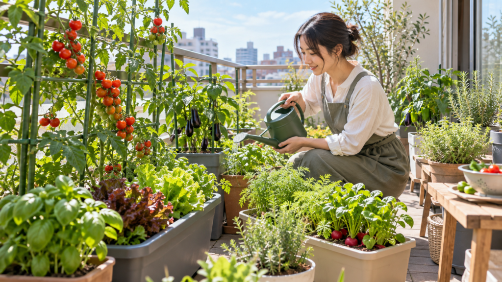 ベランダのプランターでトマトや葉物野菜に水やりする家庭菜園の様子