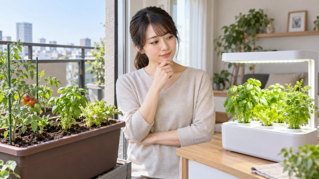 ベランダ菜園と室内水耕栽培を比較しながら選ぶ女性