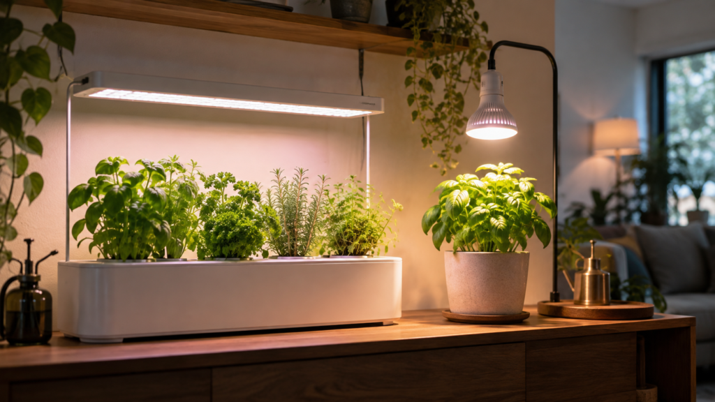 パネル型と電球型の植物育成LEDライトで室内のハーブを育てる比較イメージ