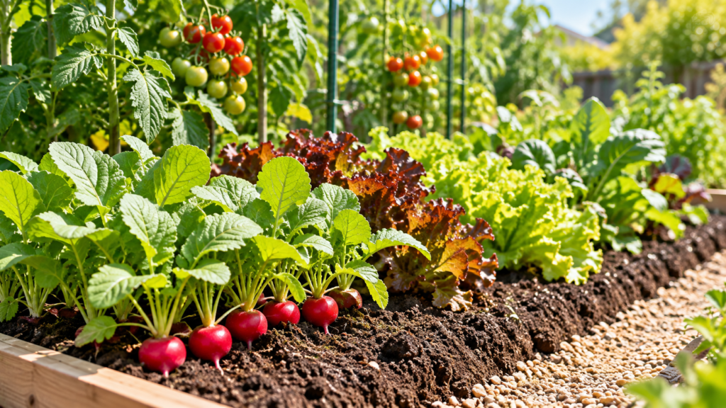 畝と通路を確保して野菜を育てる家庭菜園の作付け例