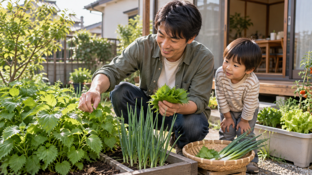 家庭菜園で大葉とネギを収穫する日本人の親子