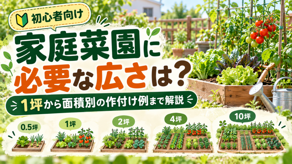 家庭菜園に必要な広さを0.5坪・1坪・2坪・4坪・10坪の作付け例で比較したイメージ