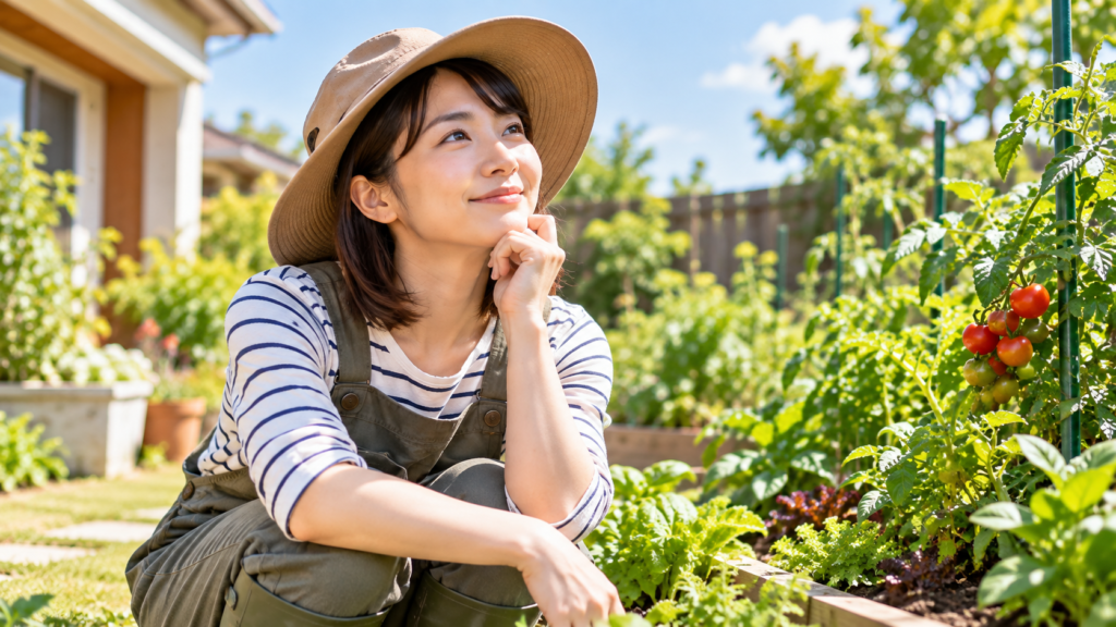 家庭菜園の広さや作付けを考える初心者の様子