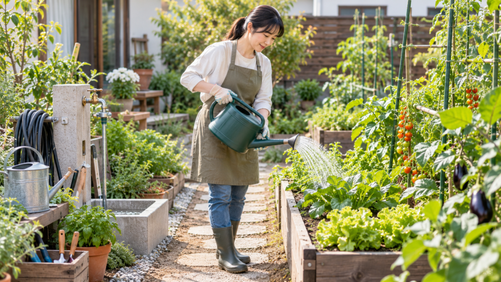 水場と通路を確保した家庭菜園で野菜に水やりする様子