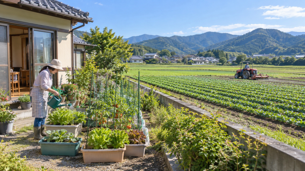 家庭菜園のプランターと農業用の畑やトラクターの違いが分かる風景