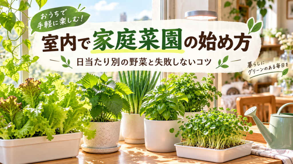 室内で家庭菜園を始める方法と日当たり別の野菜を紹介するアイキャッチ画像