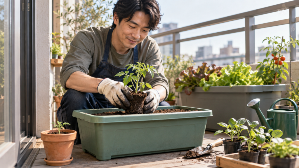 ベランダで家庭菜園用プランターに苗を植え付ける男性
