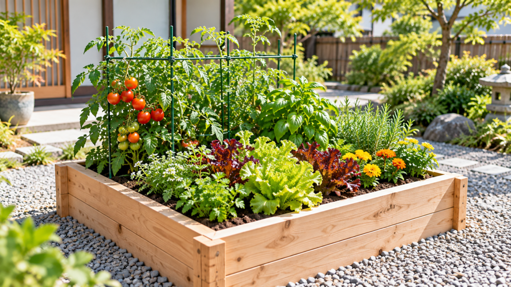 狭い庭で野菜を育てる木製レイズドベッドの家庭菜園