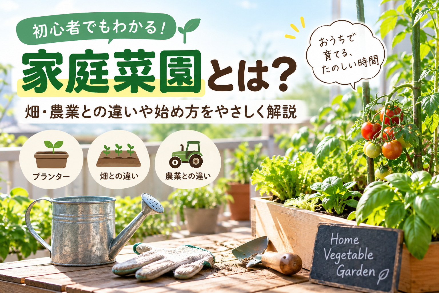 プランター野菜やトマトが並ぶ家庭菜園と畑・農業との違いを解説するアイキャッチ画像