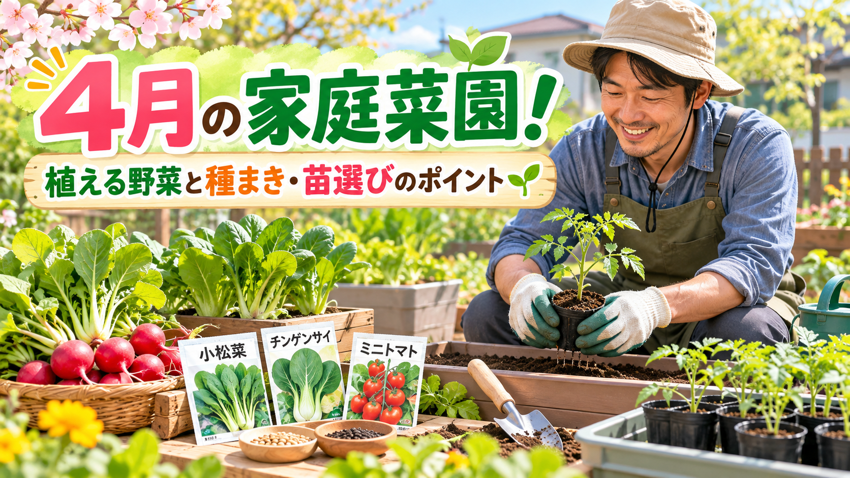 4月の家庭菜園で小松菜やラディッシュなどの春野菜とミニトマトの苗を育てる様子。種まきや苗選びのポイントを紹介