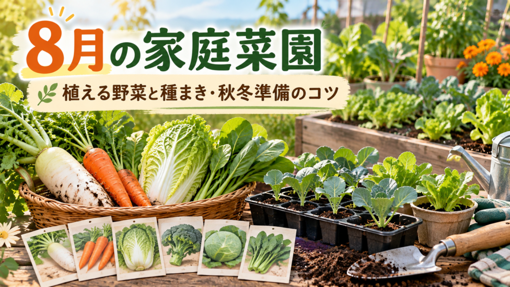 8月の家庭菜園で植えるダイコン・ニンジン・ハクサイなどの野菜と、秋冬野菜の種まき・育苗準備を紹介するアイキャッチ画像