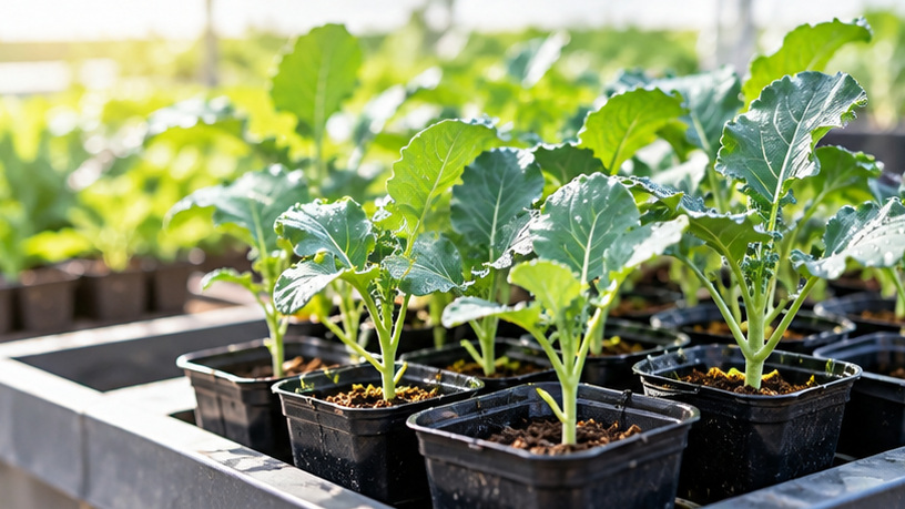8月の家庭菜園で育苗ポットに育つブロッコリーやキャベツなどの秋冬野菜の苗