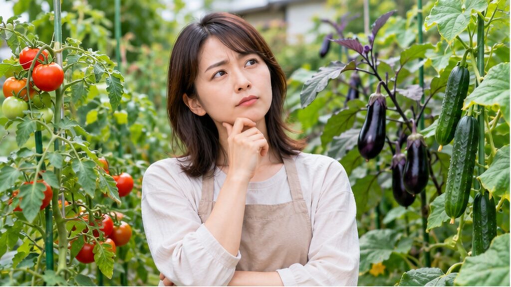 家庭菜園の連作障害について考える女性と、畑で栽培されているトマト・ナス・キュウリ