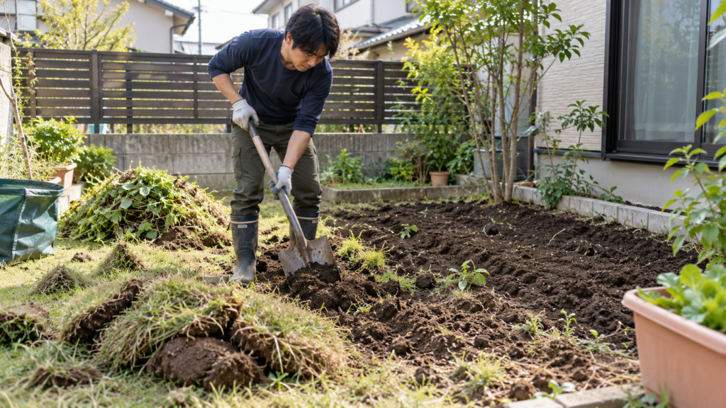 庭の芝生や雑草を取り除きスコップで家庭菜園用の土を掘る様子