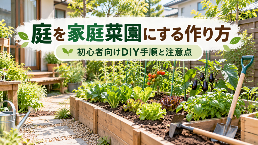 庭を家庭菜園にするDIY例。レイズドベッドでトマトやナス、葉物野菜を育てる庭の様子