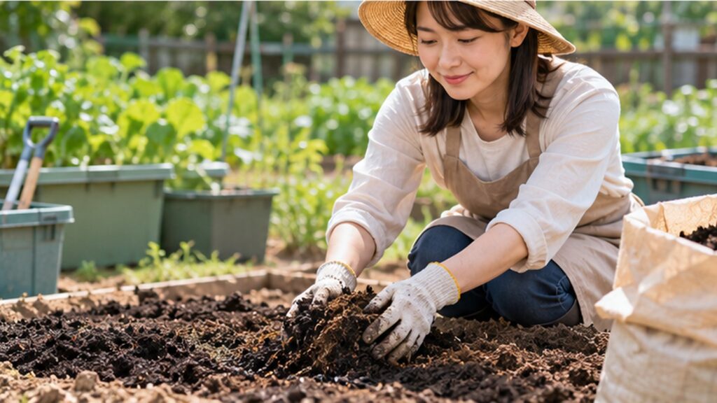 家庭菜園の連作障害対策として、日本人女性が畑の土をほぐし、土壌改良のための土づくりをしている様子