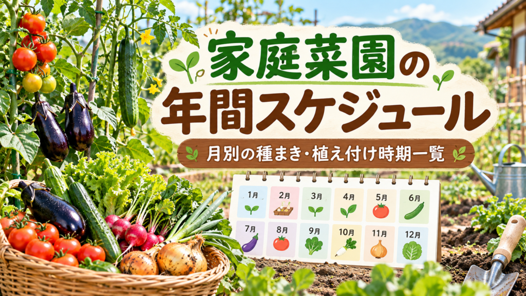 家庭菜園の年間スケジュールと月別の種まき・植え付け時期一覧を紹介する、野菜と栽培カレンダーのアイキャッチ画像