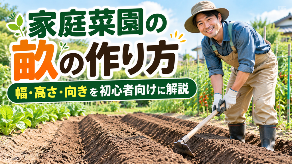 家庭菜園で鍬を使って畝を作る様子と、畝の幅・高さ・向きを初心者向けに解説するアイキャッチ画像