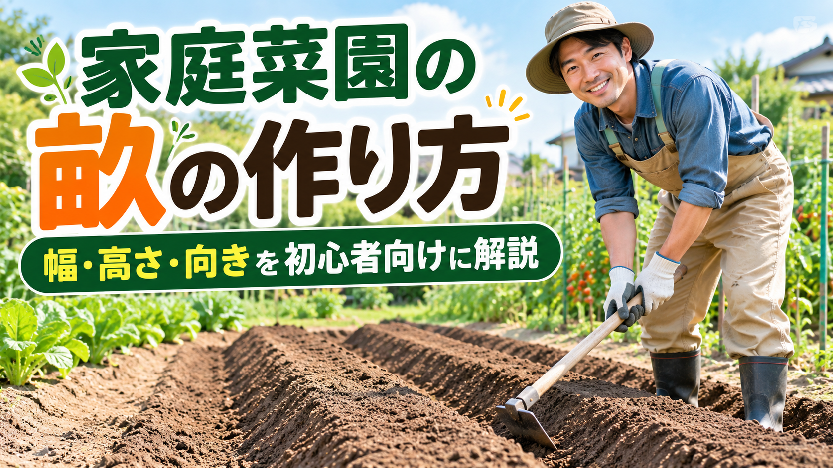家庭菜園で鍬を使って畝を作る様子と、畝の幅・高さ・向きを初心者向けに解説するアイキャッチ画像