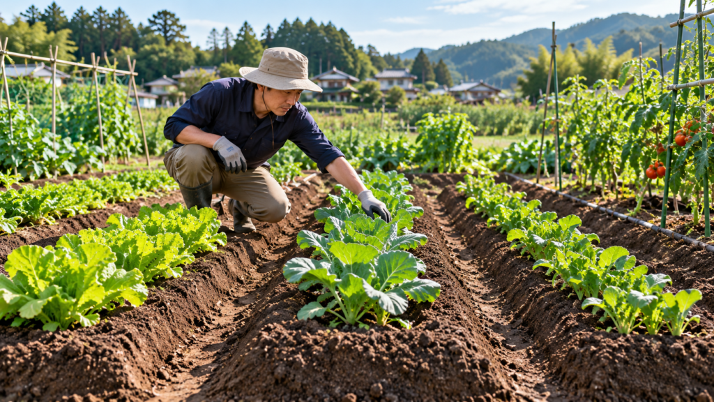家庭菜園の畝と通路で野菜を手入れする様子