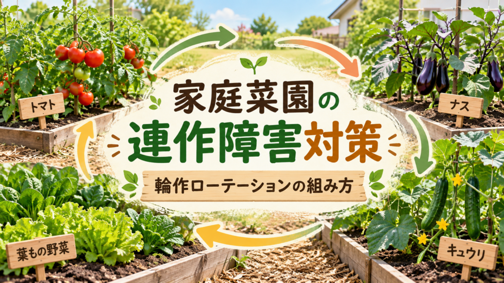 家庭菜園の連作障害対策と輪作ローテーションの組み方を解説する図解。トマト・ナス・キュウリ・葉物野菜を4区画に分けた栽培例